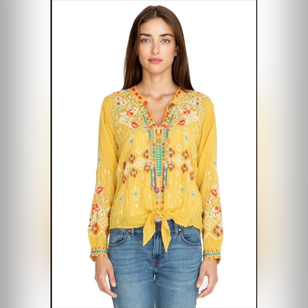 Johnny Was Donya Yellow Tie Front Blouse Boho Southwestern Size Medium